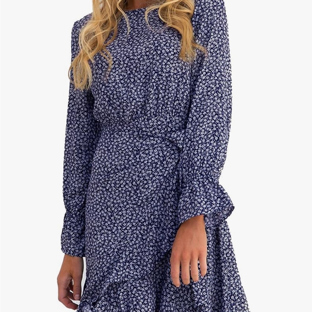 Bundle of 2 Women's Dresses Polka Dot Floral Print Long Sleeve Ruffle Tie Waist